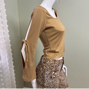 G.A.S. Tan Ribbed Long Sleeve Top • Tie Sleeve Detail • Fits S/M